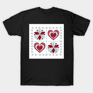 Winter Design Nordic Scandinavian Heart & Star Pattern Snowflake Design Quilt T-Shirt